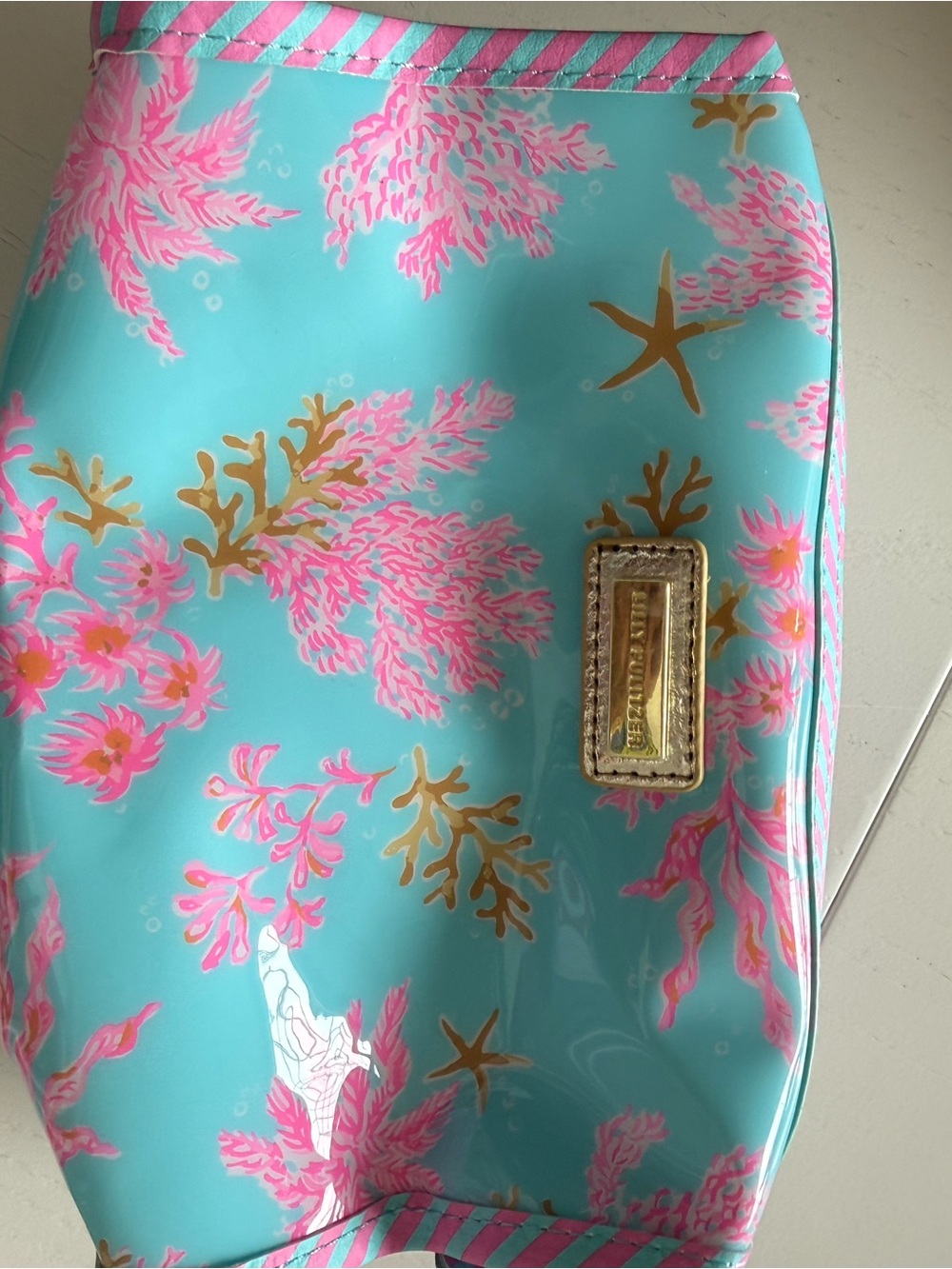 Lilly Pulitzer Turquoise waterproof Cosmetic Pouch with Pink & Gold Coral Print